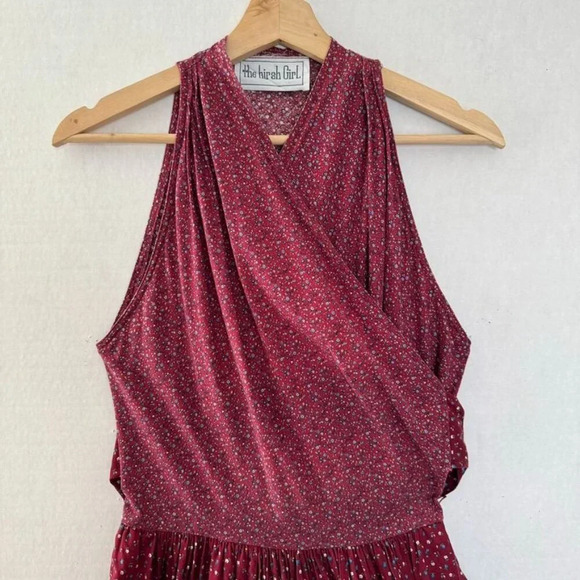 70s Vintage The Hirsh Girl Burgundy Ditzy Floral True Wrap Midi Dress Size Small - Picture 5 of 6